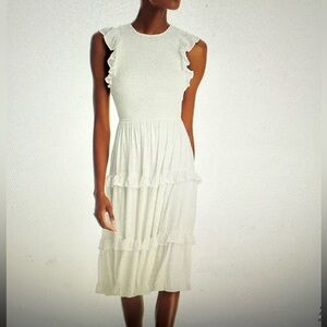 NWT, Bloomingdales, Aqua Smocked Clip Dot Midi Dress, White, size Small